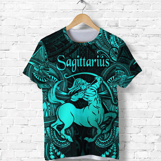 Custom Sagittarius Zodiac Polynesian Unique Style Turquoise T Shirt