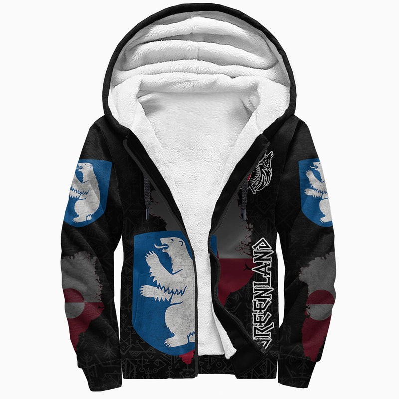 (Custom) Viking - Greenland Flag and Map style Viking Geri and Freki Sherpa Hoodie