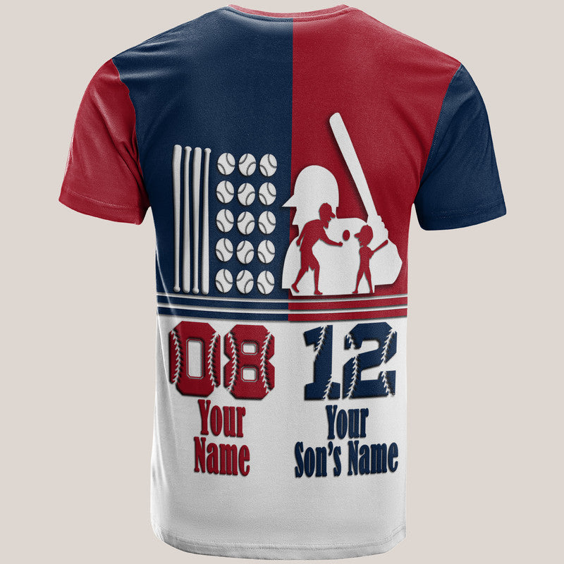Custom Fathers Day America Dad and Son Baseball Player Mixed Blue and Red T Shirt