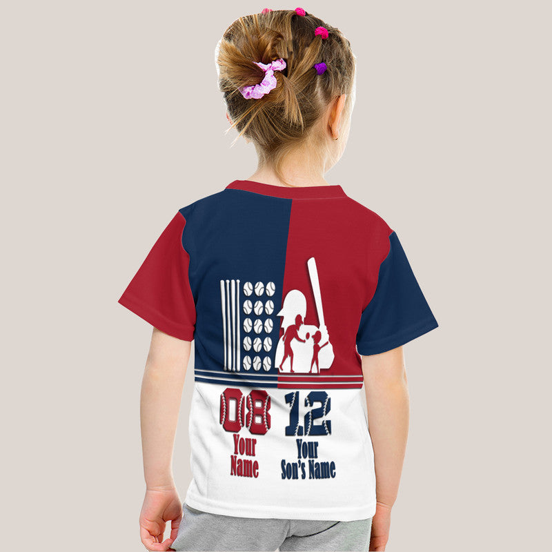 Custom Fathers Day America Dad and Son Baseball Player Mixed Blue and Red T Shirt