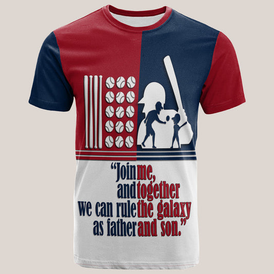 Custom Fathers Day America Dad and Son Baseball Player Mixed Blue and Red T Shirt