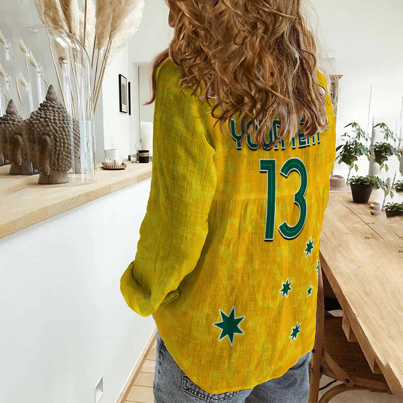 (Custom Text and Number) Australia Soccer World Cup Football 2022 Socceroos with Kangaroos Women Casual Shirt