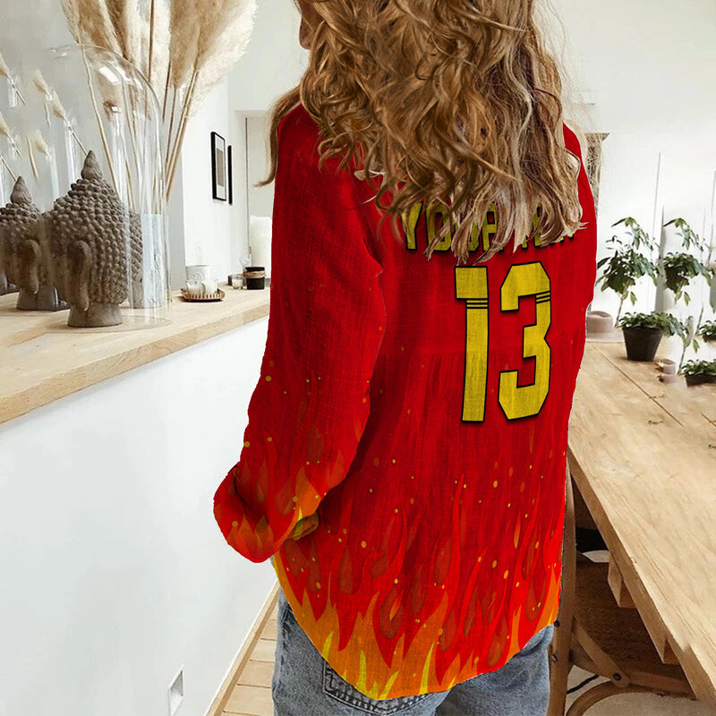 (Custom Text and Number) Portugal Football Champions Soccer World Cup My Heartbeat Fire Women Casual Shirt