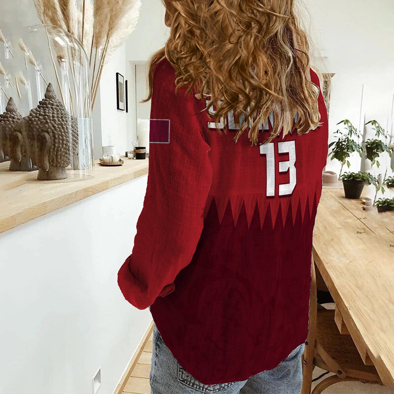 (Custom Text and Number) Qatar Football WC 2022 Style Sporty Women Casual Shirt