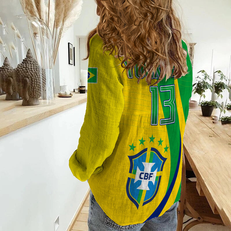(Custom Text and Number) Brazil Football Champions Selecao Style Vibe Women Casual Shirt