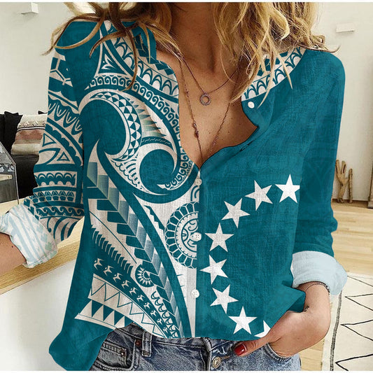 (Custom Text and Number) Cook Islands Tatau Symbolize Passion Stars Version Blue Women Casual Shirt