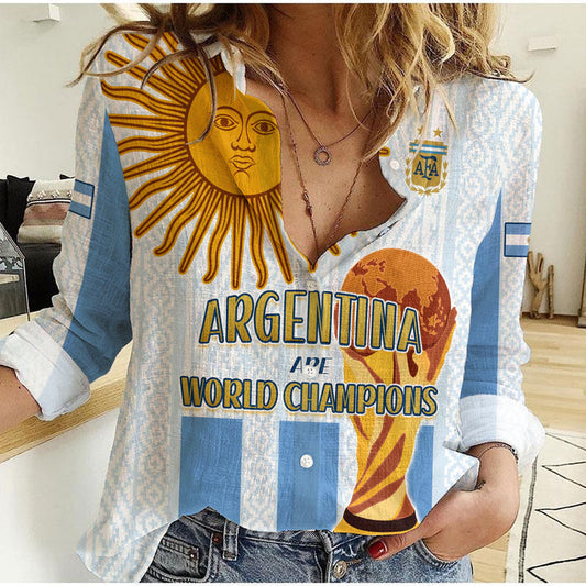 (Custom Text and Number) Argentina Football World Champions 2022 Dream Come True Women Casual Shirt