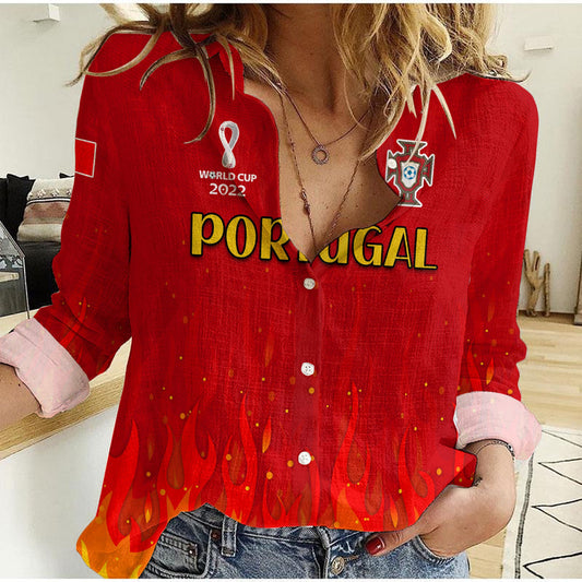(Custom Text and Number) Portugal Football Champions Soccer World Cup My Heartbeat Fire Women Casual Shirt