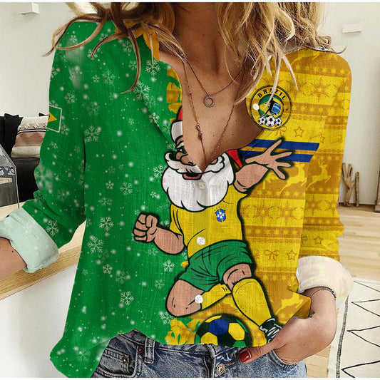 (Custom Personalised) Brazil Football Christmas Santa Claus Selecao Champions Women Casual Shirt