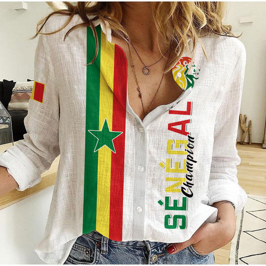 (Custom Text and Number) Senegal Football World Cup Soccer Lions of Teranga Champions mix Map Women Casual Shirt