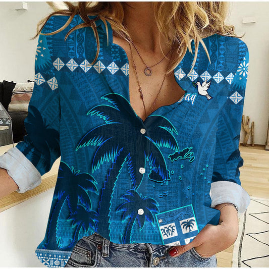 Custom Bula Fiji Day Fijian Tapa with Palm Tree 52nd Anniversary Women Casual Shirt