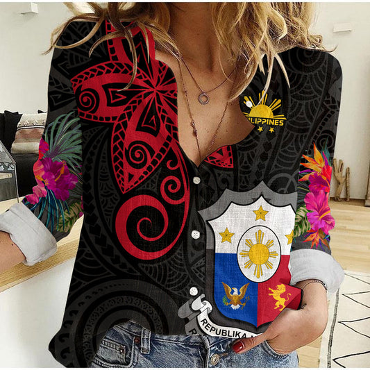 (Custom Personalised) Philippines Sun Filipino Polynesian mix Flowers Black Vibe Women Casual Shirt