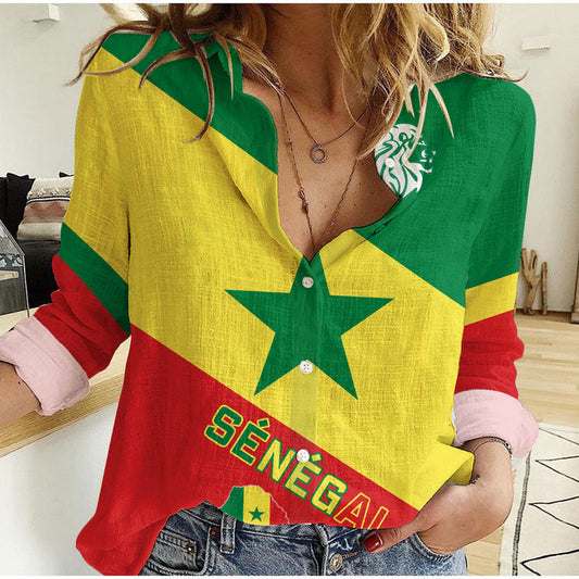(Custom Text and Number) Senegal Football Lions of Teranga Soccer World Cup 2022 Style Flag Women Casual Shirt