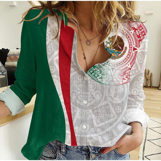Custom Mexico Mexican Eagles Aztec Pattern Women Casual Shirt