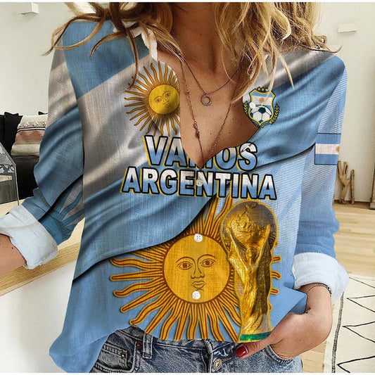 (Custom Text and Number) Argentina Football Vamos La Albiceleste Champions World Cup Vibe Flag Women Casual Shirt