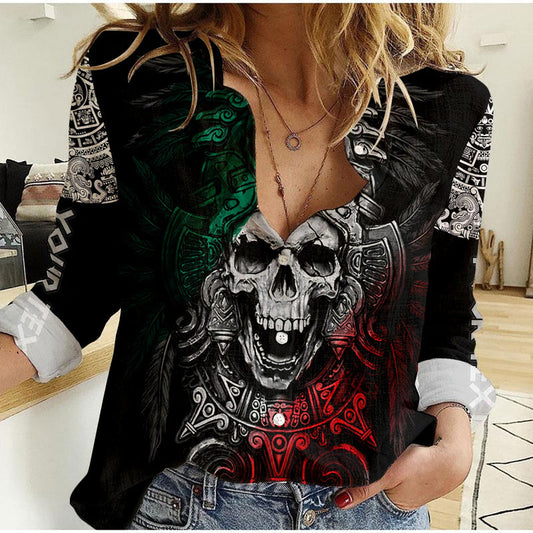 Custom Mexico Skull Eagle Aztec Women Casual Shirt