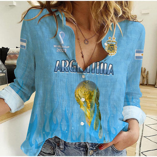 (Custom Text and Number) Argentina Football Vamos Sky Champions World Cup Fire Women Casual Shirt