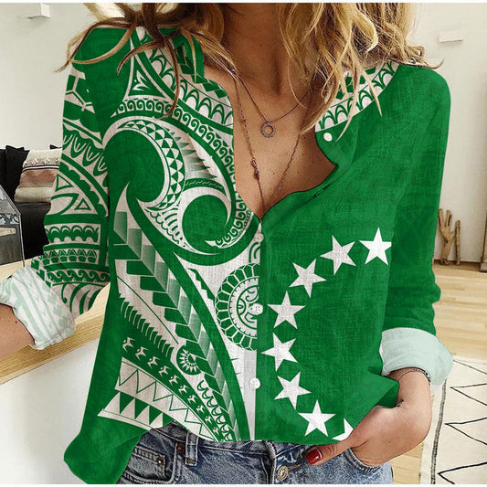 (Custom Text and Number) Cook Islands Tatau Symbolize Passion Stars Version Green Women Casual Shirt