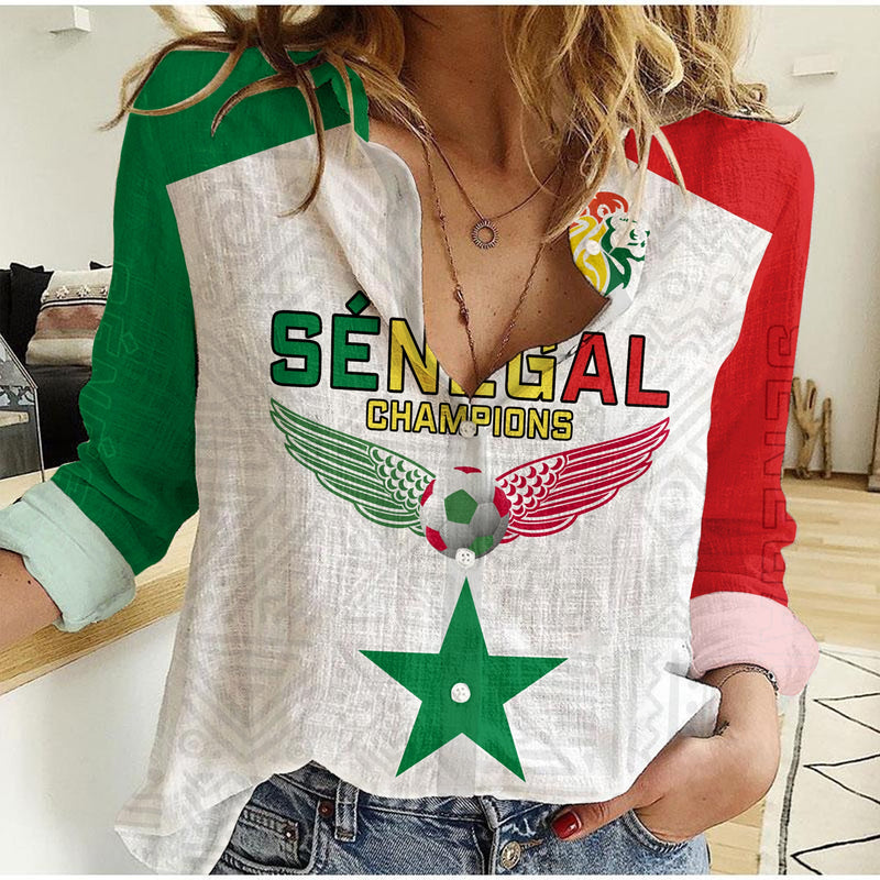 (Custom Text and Number) Senegal Football Lions of Teranga Champions Soccer Wings Flying Women Casual Shirt