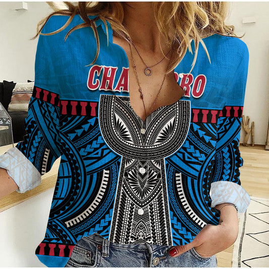 (Custom Personalised) Guam Chamorro Latte Stone Blue Polynesian Haligi Women Casual Shirt