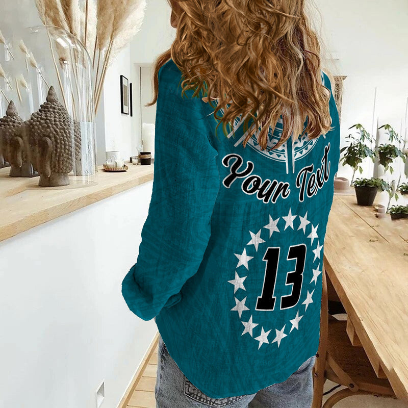 (Custom Text and Number) Cook Islands Tatau Symbolize Passion Stars Version Blue Women Casual Shirt