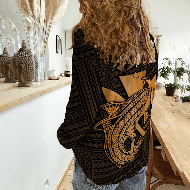 Custom Hawaii Kakau Kanaka Maoli Combine Polynesian Shark Ver.01 Women Casual Shirt