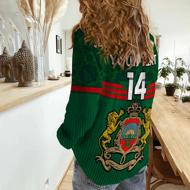 (Custom Text And Number) Morocco Football World Cup 2022 Green Moroccan Pattern Women Casual Shirt