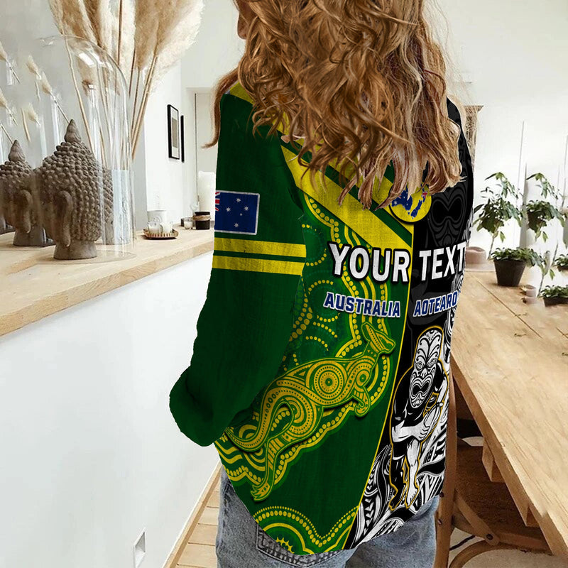 (Custom Personalised) Australia Kangaroos And All Black Rugby Aboriginal Mix NZ Maori Fern Women Casual Shirt