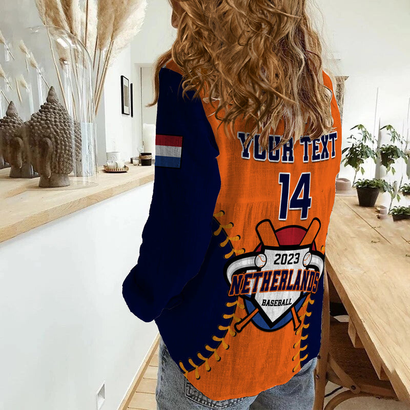 (Custom Text And Number) Netherlands Baseball 2023 Sporty Style Women Casual Shirt