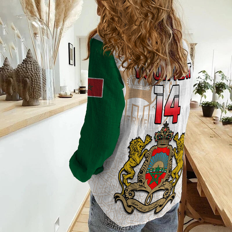 (Custom Text and Number) Morocco Football Atlas Lions White World Cup 2022 Women Casual Shirt