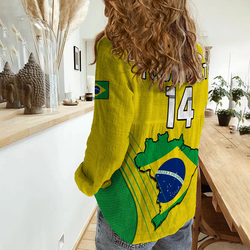 (Custom Text And Number) Brazil Football Brasil Map Come On Canarinho Sporty Style Women Casual Shirt