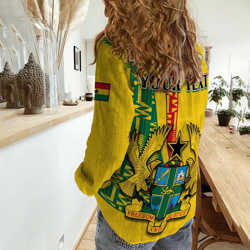 (Custom Personalised) Ghana Ghanan Coat Of Arms Mix Kente Pattern Women Casual Shirt