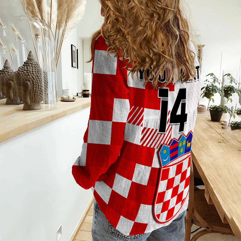 (Custom Text And Number) Croatia Football Hrvatska Checkerboard Champions WC 2022 Women Casual Shirt