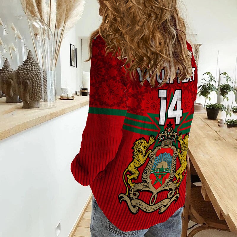 (Custom Text And Number) Morocco Football World Cup 2022 Red Moroccan Pattern Women Casual Shirt