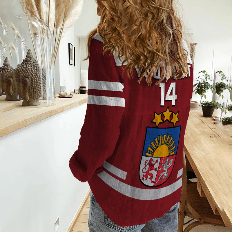 (Custom Text And Number) Latvia Hockey 2023 Red Sporty Style Women Casual Shirt