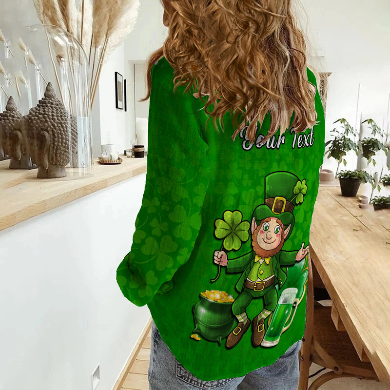 (Custom Personalised) Ireland Saint Patricks Day Happy Leprechaun And Shamrock Women Casual Shirt