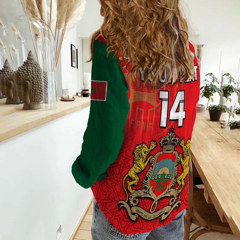 (Custom Text and Number) Morocco Football Atlas Lions Red World Cup 2022 Women Casual Shirt