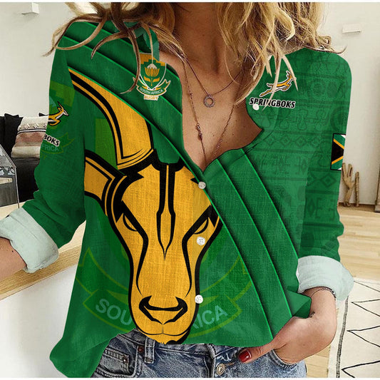 (Custom Text And Number) South Africa Rugby Bokke Springbok With African Pattern Stronger Together Women Casual Shirt