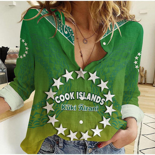 Custom Cook Islands Circle Pattern Mix Sea Turtle Green Version Women Casual Shirt