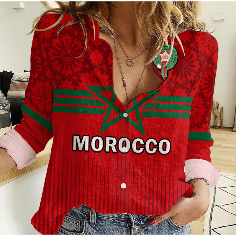 (Custom Text And Number) Morocco Football World Cup 2022 Red Moroccan Pattern Women Casual Shirt