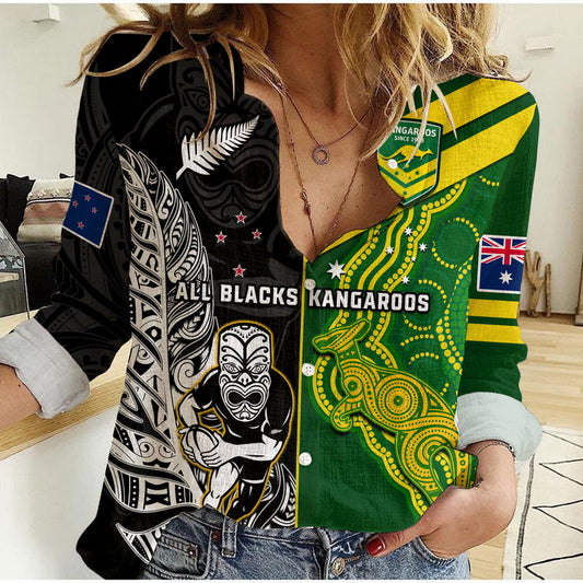 (Custom Personalised) Australia Kangaroos And All Black Rugby Aboriginal Mix NZ Maori Fern Women Casual Shirt