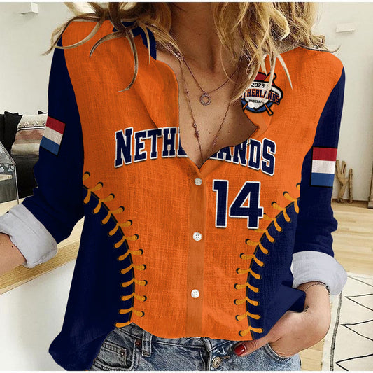 (Custom Text And Number) Netherlands Baseball 2023 Sporty Style Women Casual Shirt