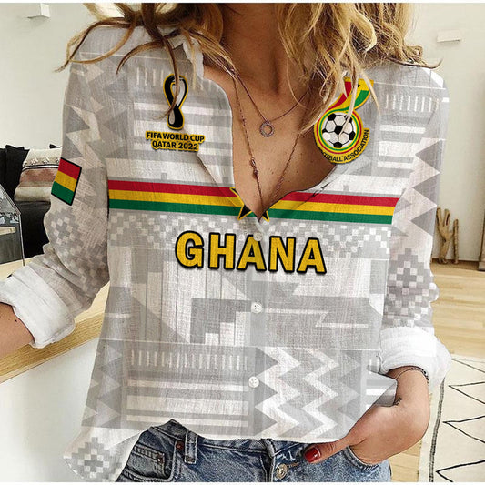 (Custom Text And Number) Ghana Football Black Stars Kente World Cup 2022 White Women Casual Shirt