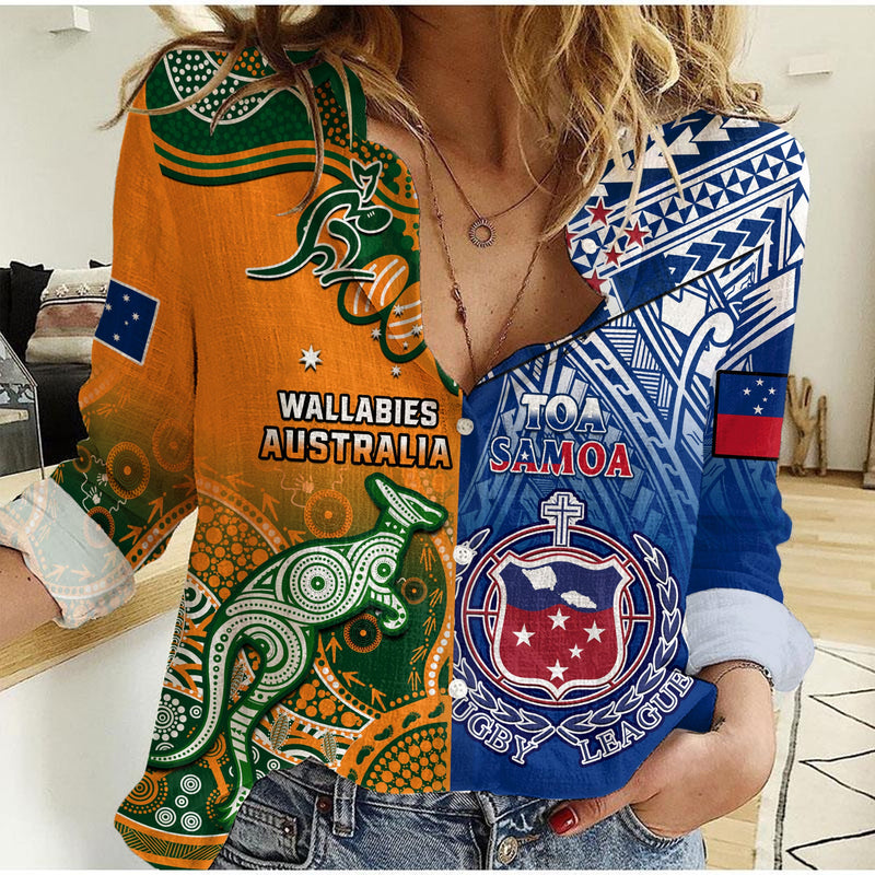 (Custom Personalised) Australia Wallabies And Toa Samoa Rugby Aboriginal Mix Polynesian Women Casual Shirt