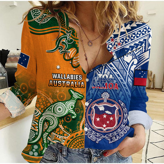 (Custom Personalised) Australia Wallabies And Toa Samoa Rugby Aboriginal Mix Polynesian Women Casual Shirt