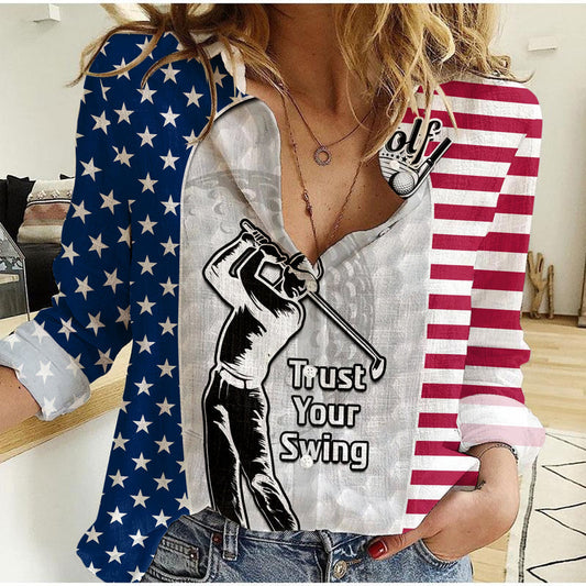 (Custom Personalised) American Flag Golf Golf Lovers Trust Your Swing Women Casual Shirt