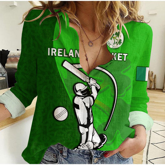 (Custom Text And Number) Ireland Cricket Irish Flag Celtic Cross Sporty Style Women Casual Shirt