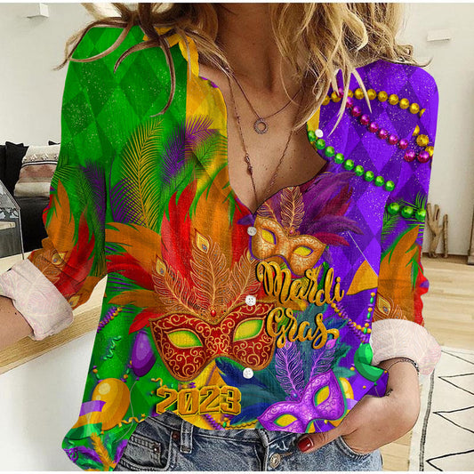 (Custom Personalised) Mardi Gras 2023 Carnival Masks With Feathers Women Casual Shirt