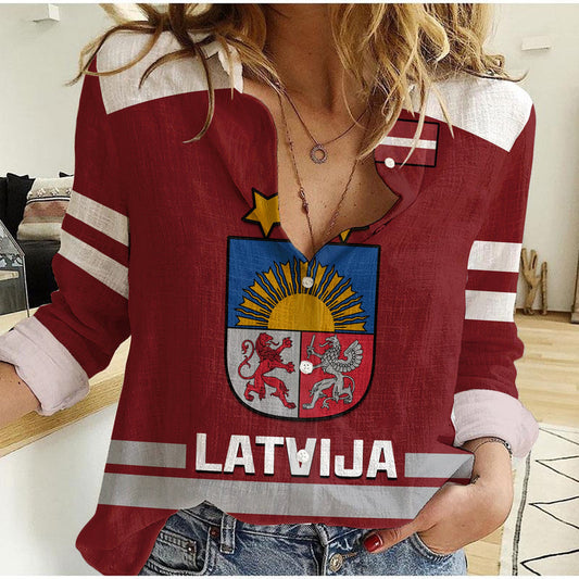 (Custom Text And Number) Latvia Hockey 2023 Red Sporty Style Women Casual Shirt