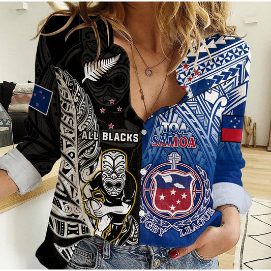 (Custom Personalised) All Black And Toa Samoa Rugby NZ Maori Fern Mix Polynesian Women Casual Shirt